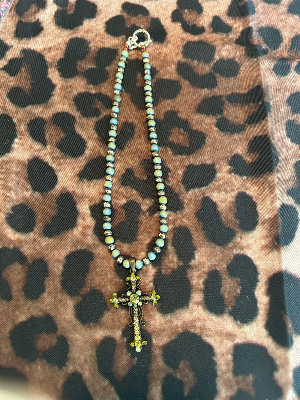 Handmade Beaded Cross Pendant Necklace - Green & Copper toned
